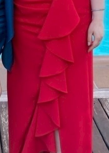 Kırmızı Drapeli Uzun Abiye Elbise - Görsel 5