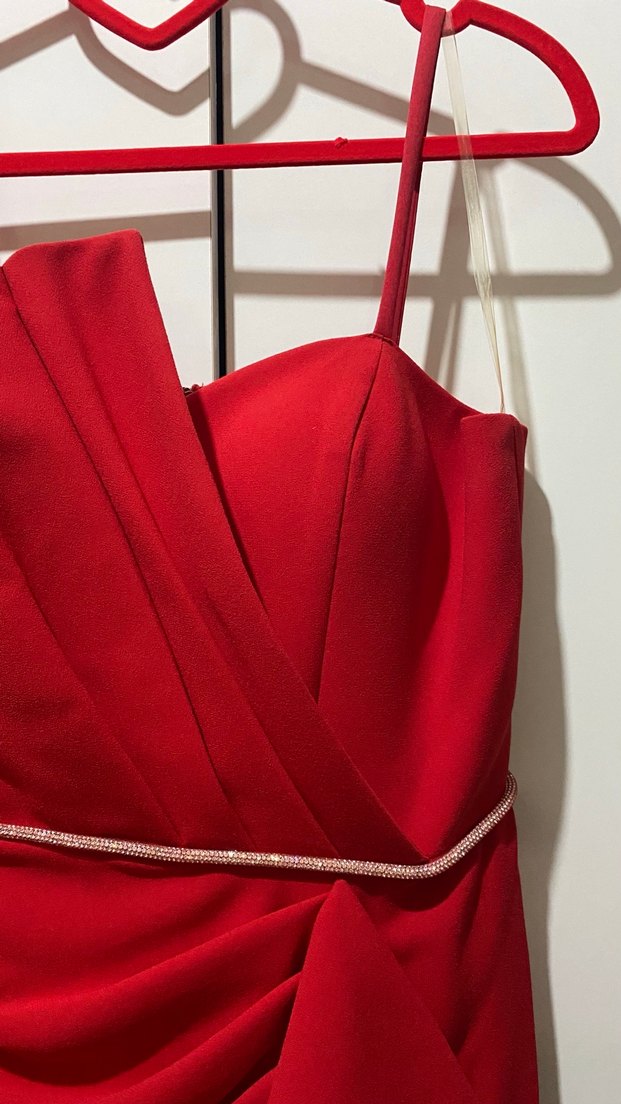Kırmızı Drapeli Uzun Abiye Elbise - Görsel 4