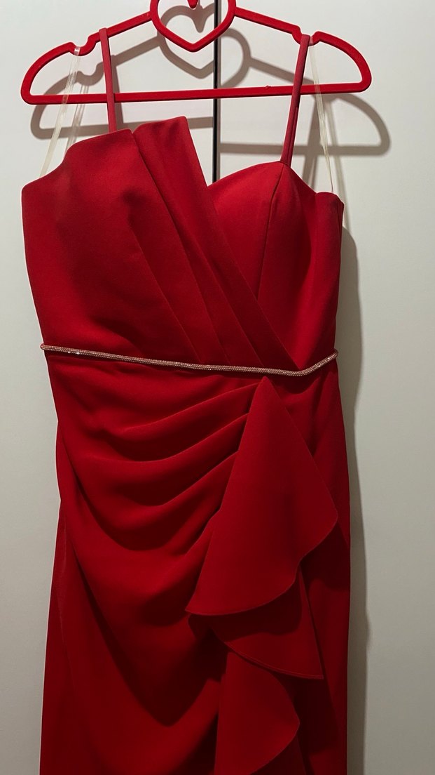 Kırmızı Drapeli Uzun Abiye Elbise - Görsel 2