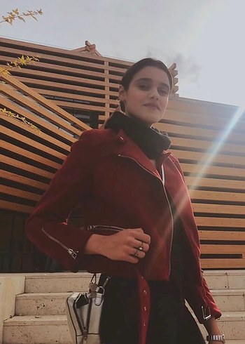 Zara Kırmızı Kadın Süet Kemerli Deri Ceket - Görsel 3