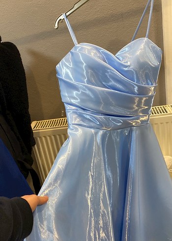 Parlak Mavi Drapeli kısa  Abiye Elbise - Görsel 5