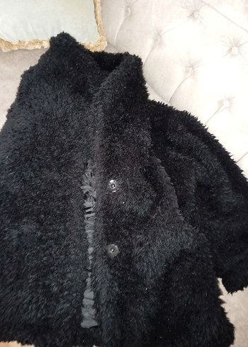 Siyah Kadın Peluş Midi Kaban - Görsel 2