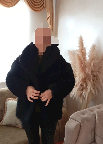 Siyah Kadın Peluş Midi Kaban - Görsel 3