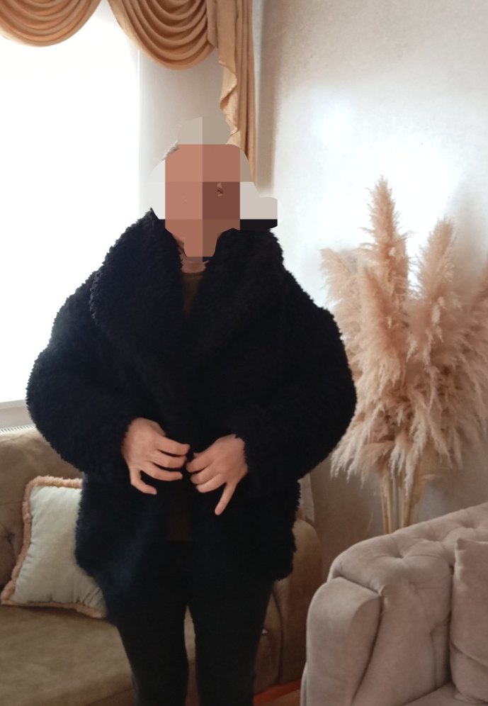 Siyah Kadın Peluş Midi Kaban - Görsel 3