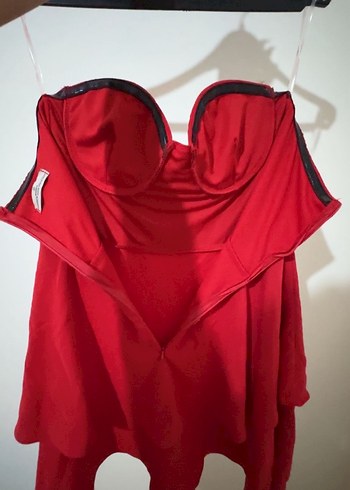 Kırmızı Drapeli Straplez Mini Elbise - Görsel 2