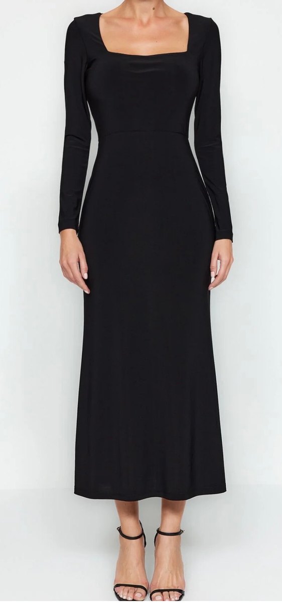 Siyah Uzun Kollu Kare Yaka Elbise - Görsel 2