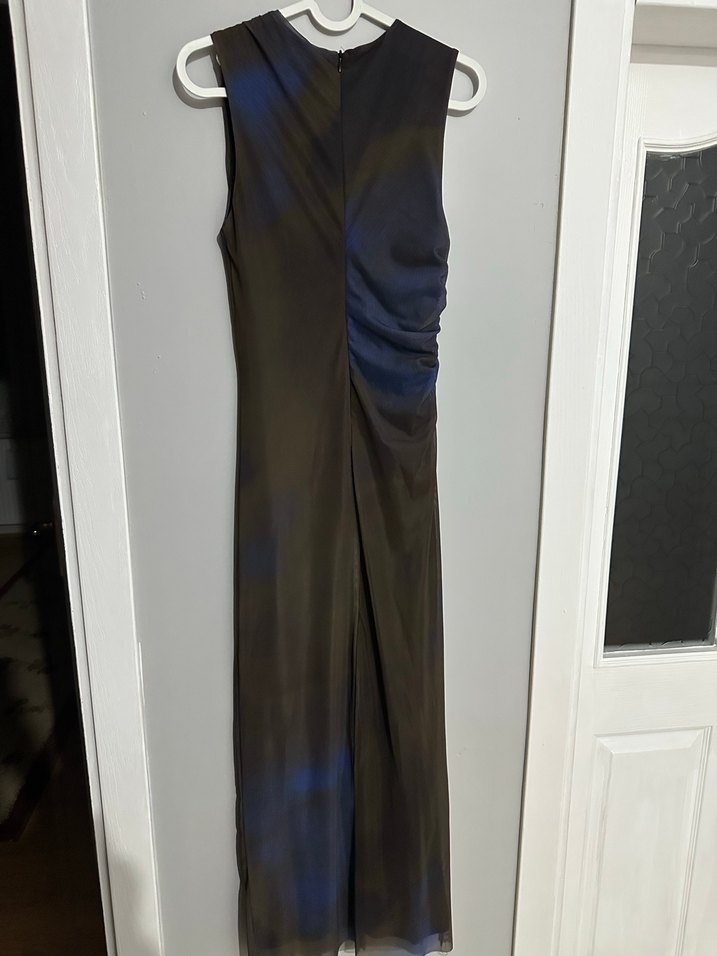 Haki Mavi Ebru Desenli Drape Elbise - Görsel 2