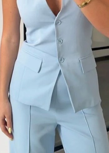 Mavi Boyundan Geçirmeli Yelek-Pantolon Takım - Görsel 3