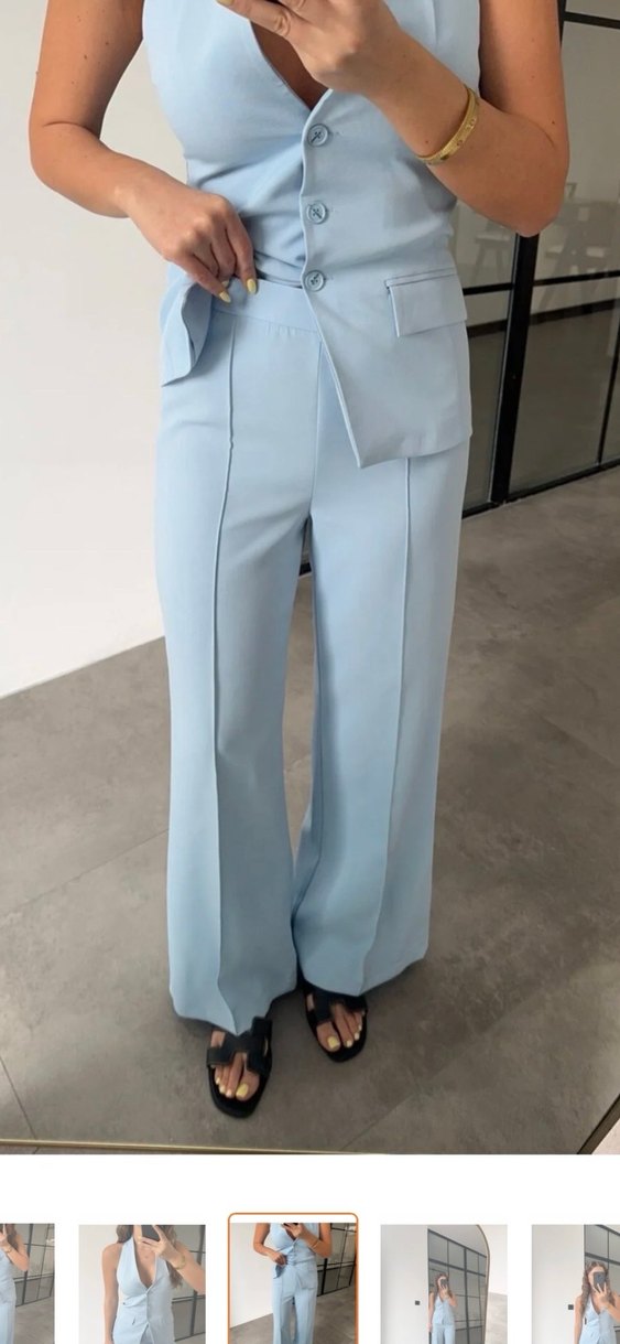 Mavi Boyundan Geçirmeli Yelek-Pantolon Takım - Görsel 2