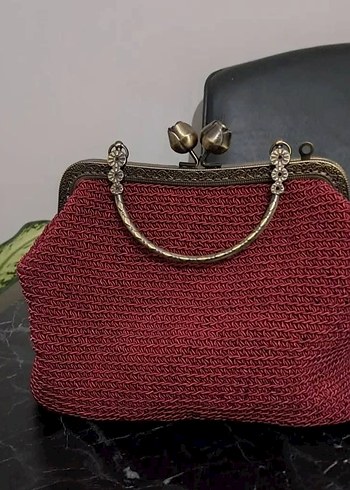 Kırmızı Nakışlı Örgü Vintage Kadın Portföy Çanta - Görsel 2