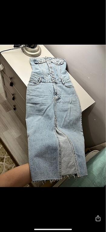 Denim straplez elbise - Görsel 5