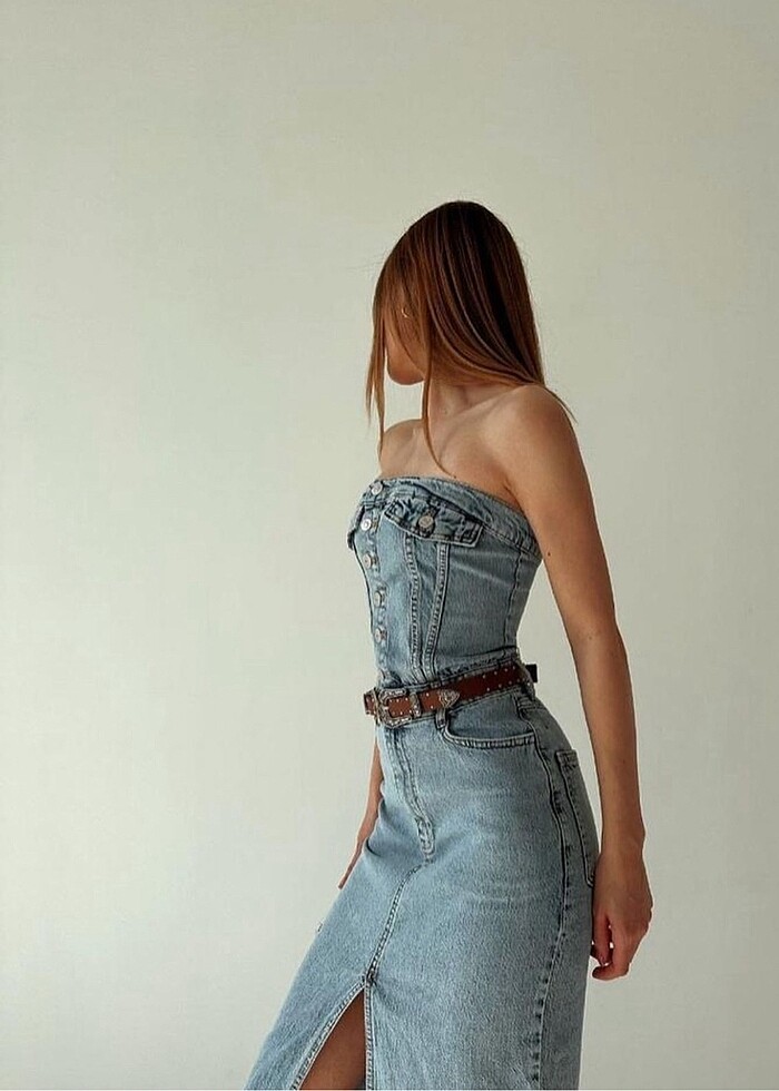 Denim straplez elbise - Görsel 3