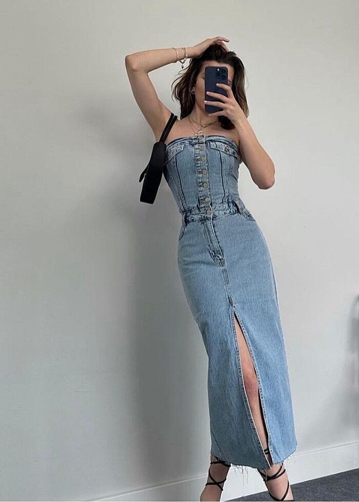 Denim straplez elbise - Görsel 2