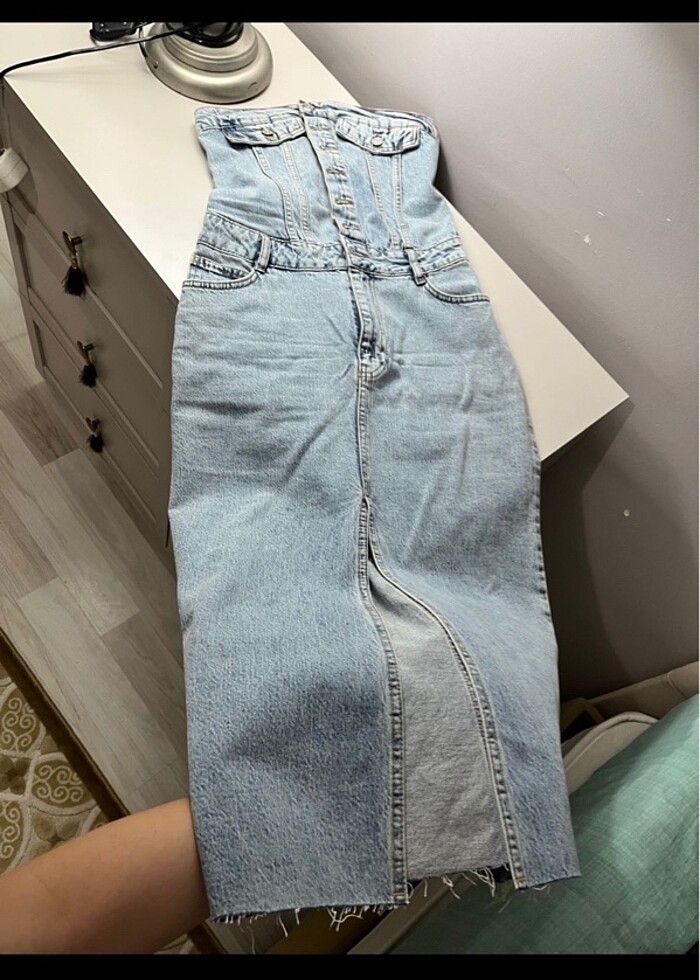 Denim straplez elbise - Görsel 5