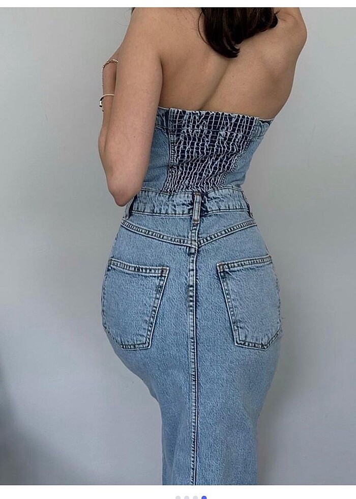 Denim straplez elbise - Görsel 4