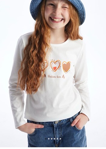 Kız Çocuk Beyaz Uzun Kollu Pamuklu Tişört - Görsel 2