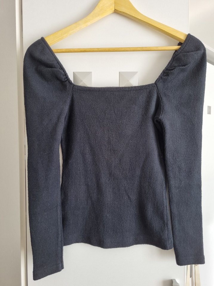 Antrasit Kare Yaka Balon Kol Bluz  Pamuklu, Esnek (S/M) - Görsel 2