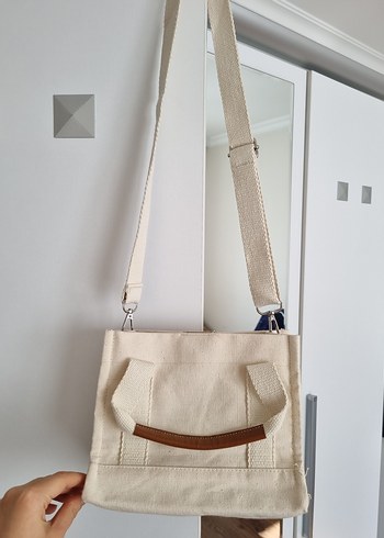 Krem Kanvas Çapraz Çanta  %100 Pamuk, Minimal Tasarım - Görsel 2