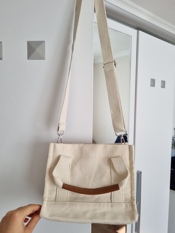 Krem Kanvas Çapraz Çanta  %100 Pamuk, Minimal Tasarım - Görsel 2