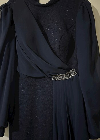 Uzun Lacivert Drapeli Kadın Abiye Elbise - Görsel 3