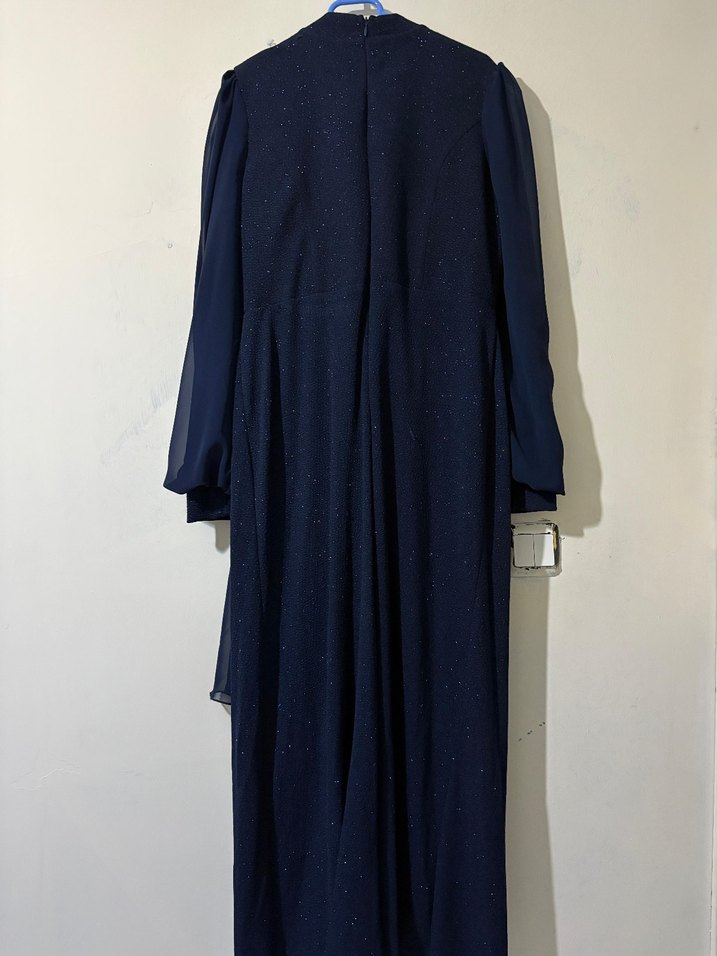 Uzun Lacivert Drapeli Kadın Abiye Elbise - Görsel 2