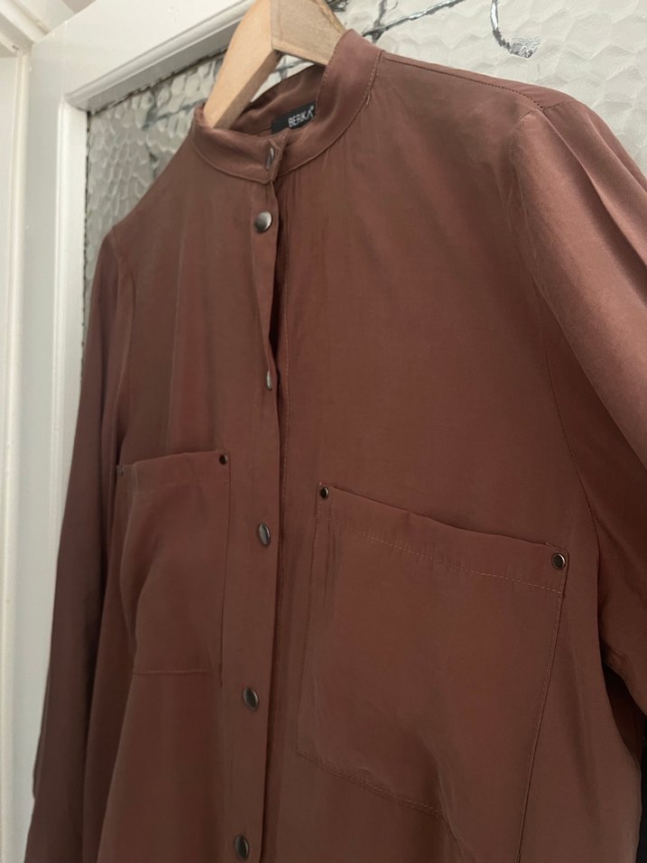 Düğmeli Uzun Kahverengi Kadın Tunik - Görsel 2