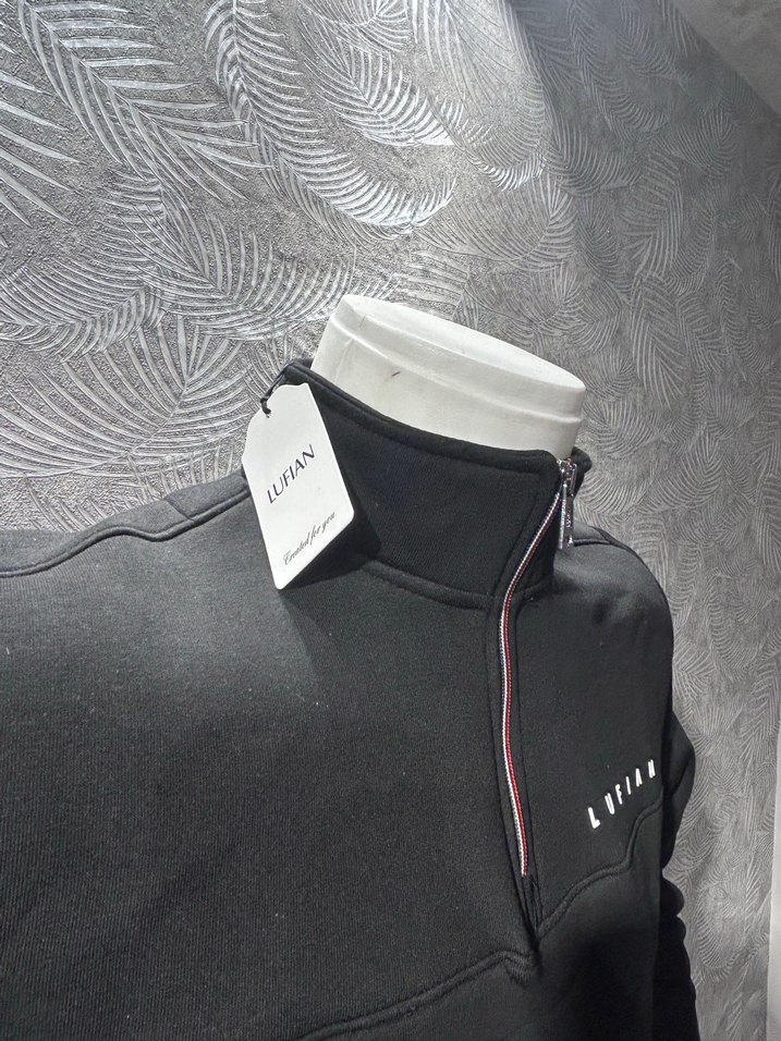 Lufian Erkek Siyah Yarım Fermuarlı Üç İplik Pamuklu Sweatshirt. - Görsel 3