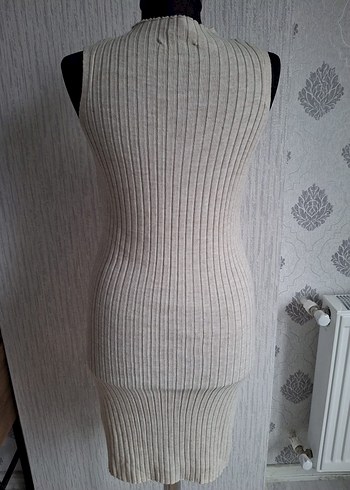 Bej Yüksek Yakalı Örme Midi Elbise - Görsel 2