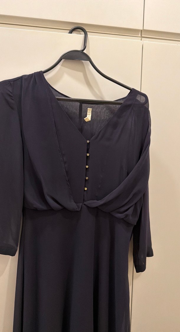 Düğmeli Lacivert Uzun Kollu Kadın Elbise - Görsel 3