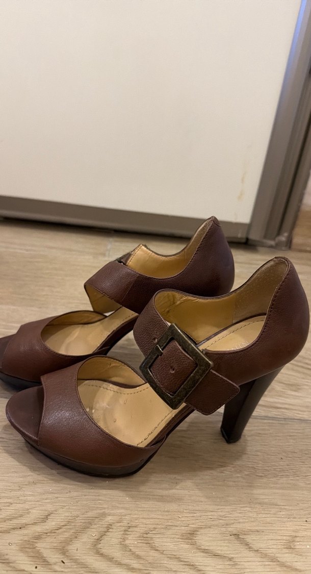 Kahverengi Deri Platform Topuklu Kadın Sandalet - Görsel 2