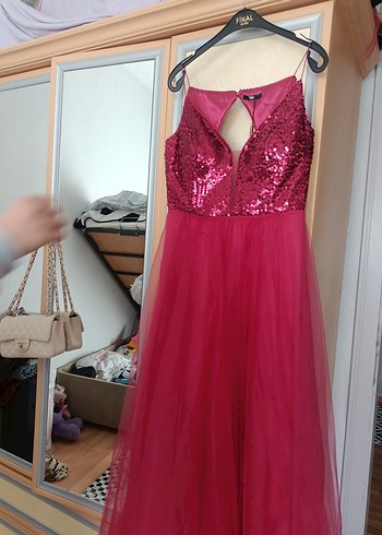 Pul Detaylı Uzun Bordo Abiye Elbise - Görsel 2