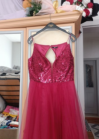 Pul Detaylı Uzun Bordo Abiye Elbise - Görsel 4