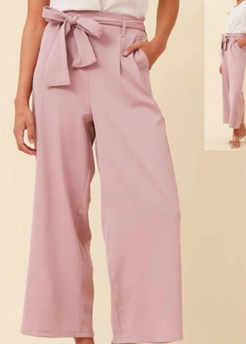 Pembe Midi Kemerli Kadın Kumaş Pantolon - Görsel 2