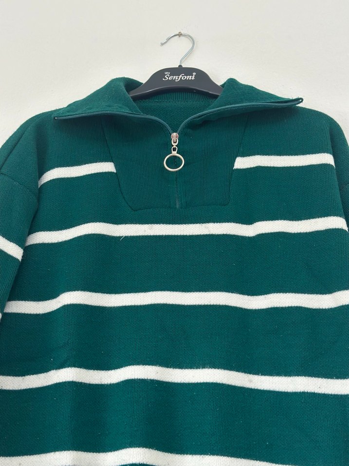 Yeşil Çizgili Yarım Fermuarlı Triko Kazak - Görsel 2