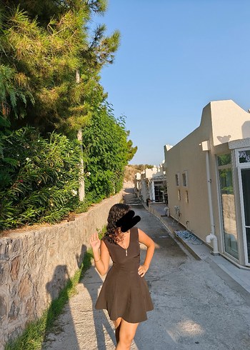 koyu kahve V Yakalı Drapeli Midi Elbise - Görsel 2