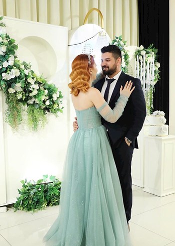 Turkuaz Straplez İşlemeli Uzun Abiye - Görsel 3