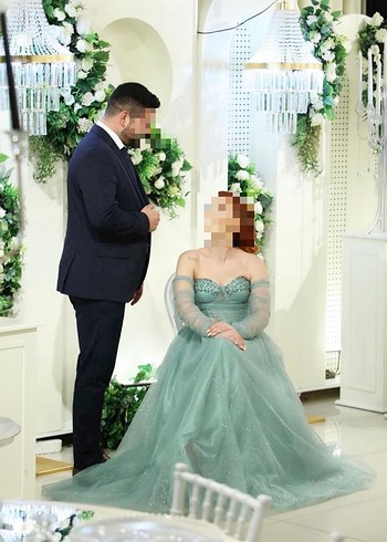 Turkuaz Straplez İşlemeli Uzun Abiye - Görsel 4