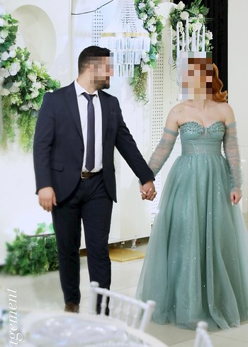 Turkuaz Straplez İşlemeli Uzun Abiye - Görsel 2