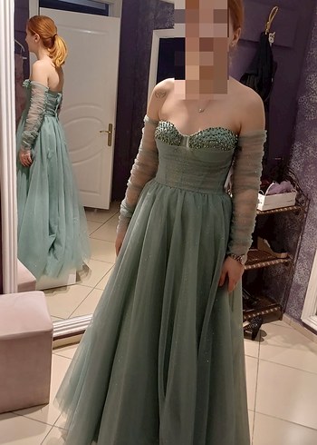 Turkuaz Straplez İşlemeli Uzun Abiye - Görsel 5