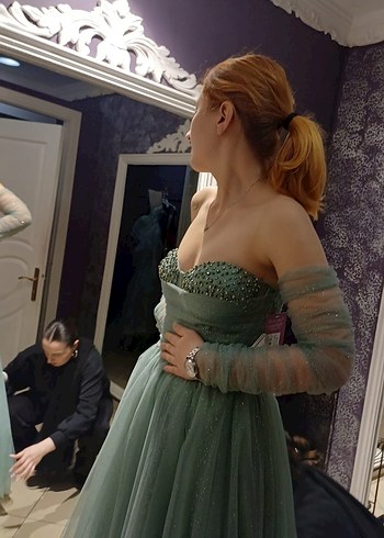 Turkuaz Straplez İşlemeli Uzun Abiye - Görsel 6