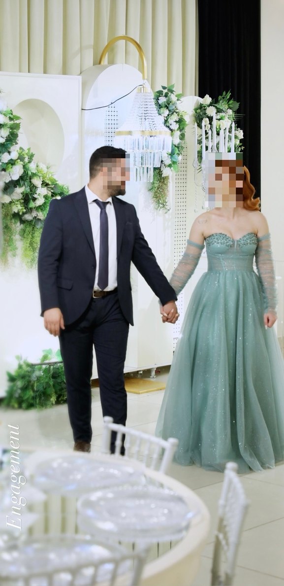 Turkuaz Straplez İşlemeli Uzun Abiye - Görsel 2