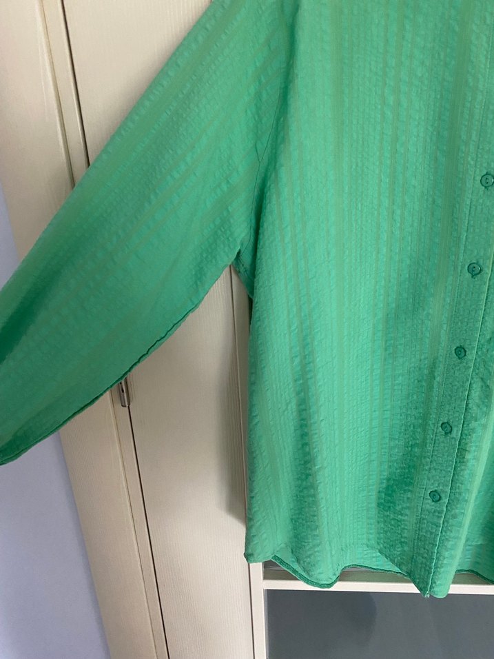 Düğmeli Yeşil Keten Kadın Gömlek - Görsel 3