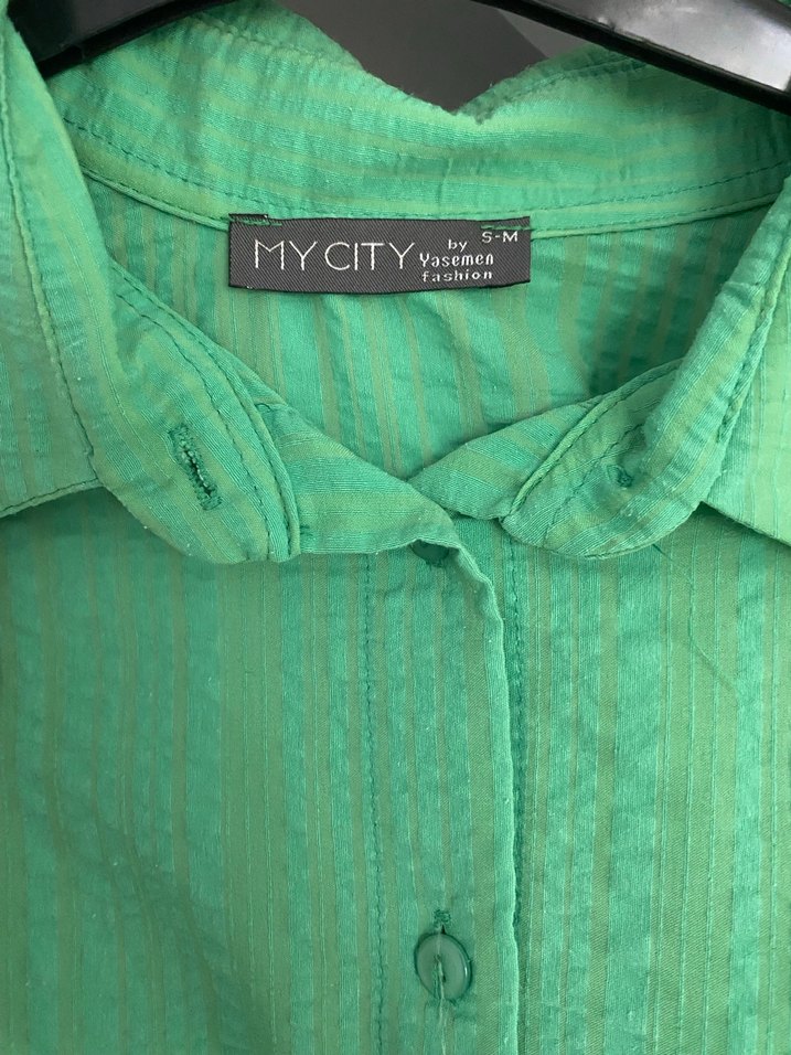 Düğmeli Yeşil Keten Kadın Gömlek - Görsel 4