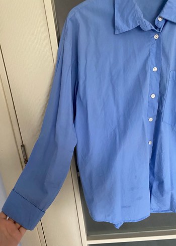 Mavi Kadın Keten Gömlek, Düğmeli, Rahat Kesim - Görsel 2