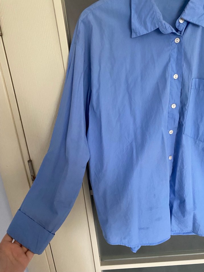 Mavi Kadın Keten Gömlek, Düğmeli, Rahat Kesim - Görsel 2
