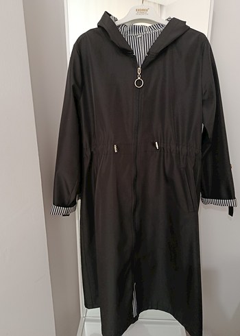 Siyah Uzun Kadın trençkot  Yağmurluk Kemerli - Görsel 2