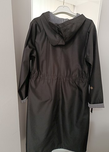 Siyah Uzun Kadın trençkot  Yağmurluk Kemerli - Görsel 3