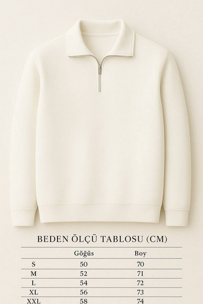 Erkek Beyaz Yarım Fermuarlı Sweatshirt - Görsel 3