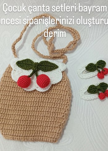 Nakışlı Kiraz Desenli Örgü Çanta ve Toka Seti - Görsel 3