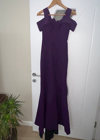 Mor Uzun V Yakalı Drapeli Abiye Elbise - Görsel 2
